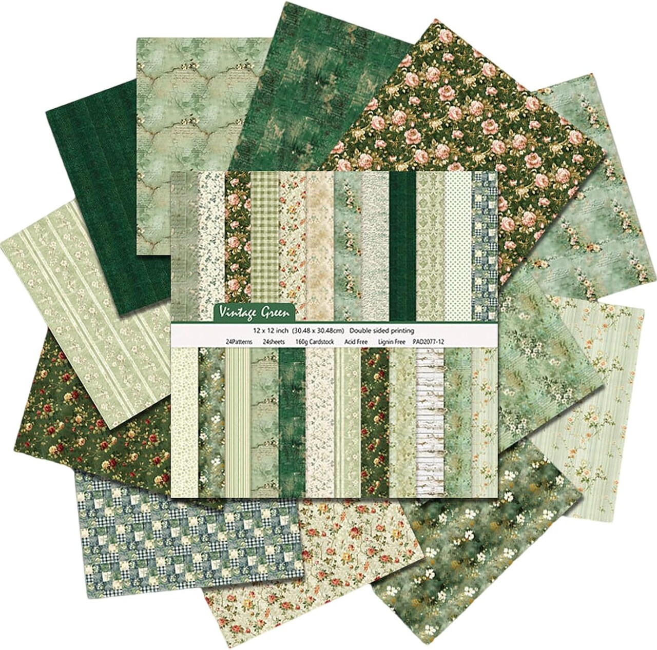 Scrapbook Paper, 24 Sheets/24 Designs Vintage Green Scrapbook Paper Set, Double-Sided Garden Pattern Floral Decorative Craft Paper For DIY Card Making Photo Album Journal Decor